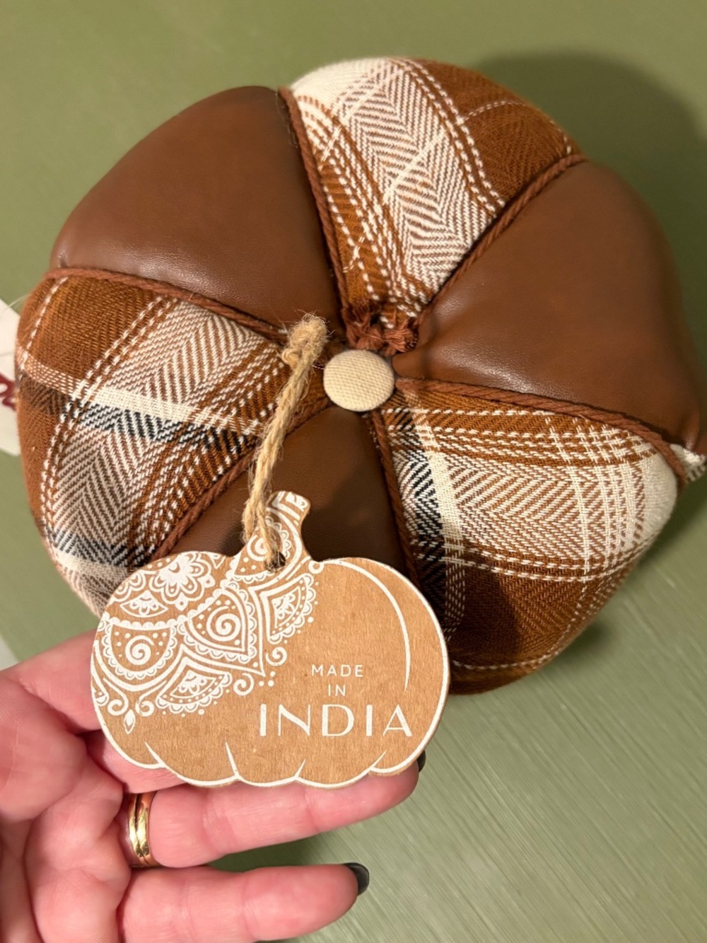 Mixed-Material Faux Leather and Plaid Fabric Pumpkin Decor NWT made in India
